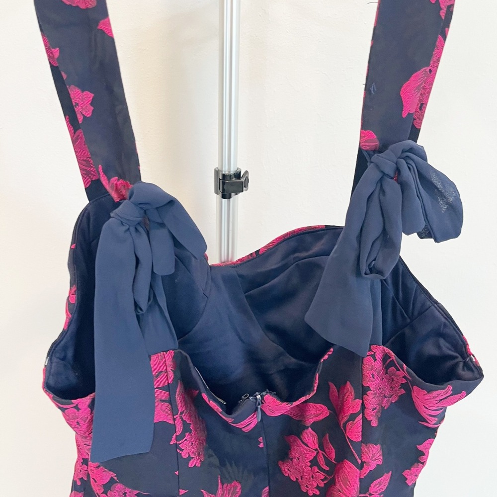 Lulus Lovely Intuition Jacquard Tie-Strap Mini Dress Navy Pink Floral - MEDIUM - Picture 4 of 9